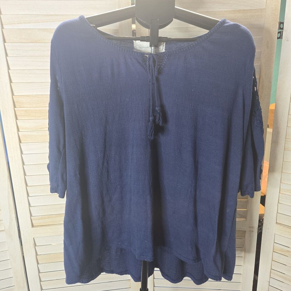 French Laundry Top Navy Blue XL Crochet Peplum Peasant Blouse Romantic Coquette
